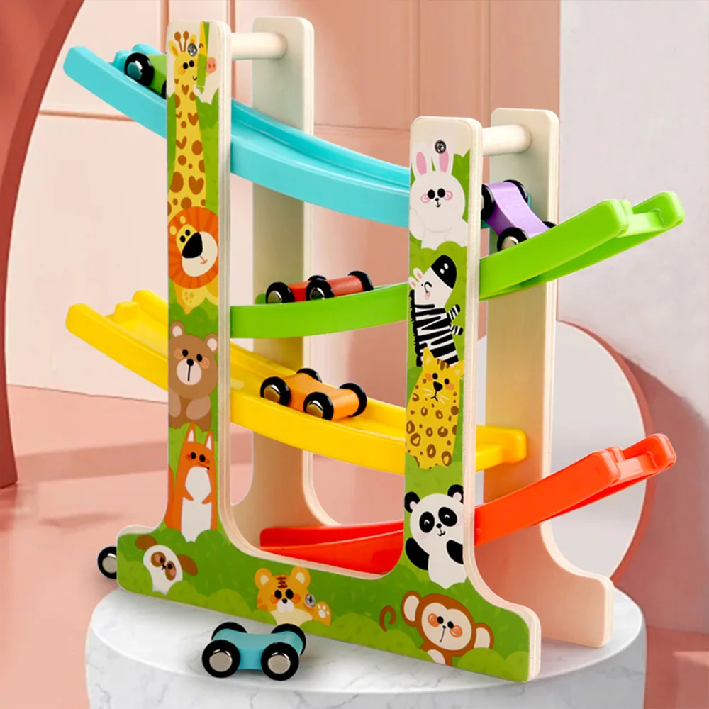Wooden Ramp Racing Toddler Toy Car Set Montessori Educational Toy Game Mini Inertia Slide Roller Coaster Racing 5