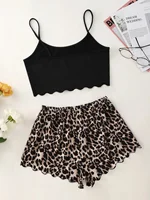 Women's Pajamas Set Sexy Lingerie Leopard Print Sling Sleepwear V-Neck Sleeveless Top and Shorts Sets Pyjamas Homewear - Image 2