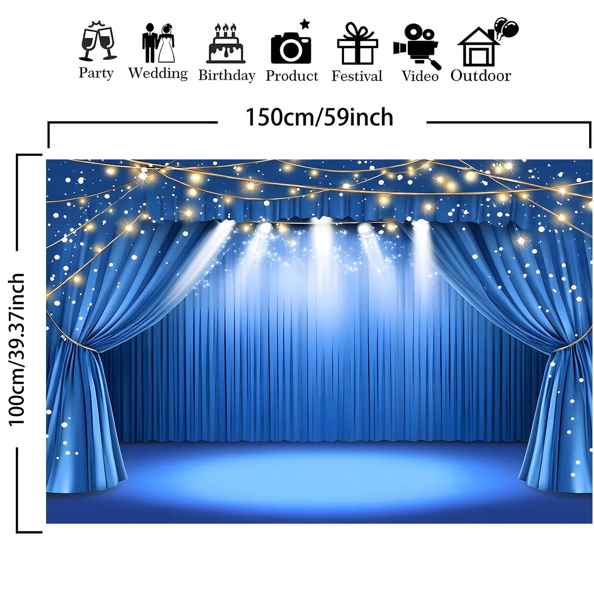 Blue Theater Curtain Photography Backdrop - Indoor/Outdoor Decorative Living Room Accent