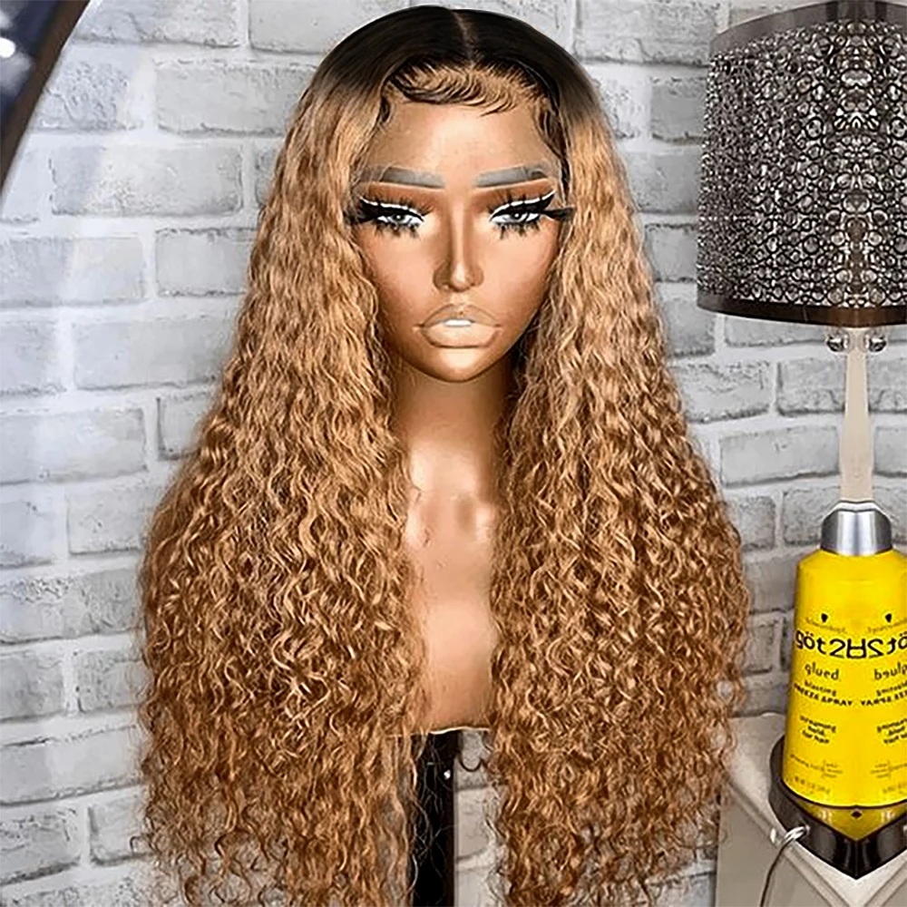Ombre Brown Water Wave Curly Lace Wigs Synthetic T Part Lace Wig