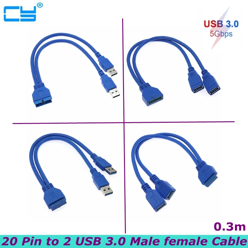

High Speed 5Gbps Dual Port USB 3.0 to Mainboard 20Pin Male Female Cable Adapter 19 Pin USB Extension Cable 30CM