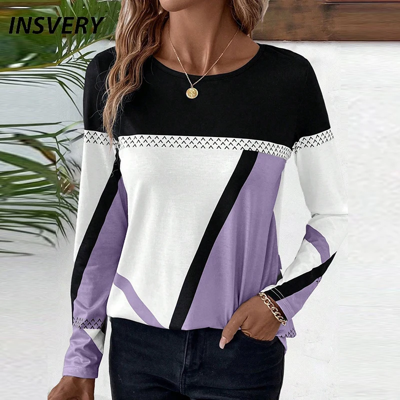 

Женские повседневные футболки с длинным рукавом, футболки с круглым вырезом и геометрическим принтом для женщин, осенняя свободная футболка, пуловеры