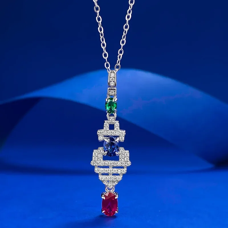 

Spring Qiaoer Vintage 100% 925 Sterling Silver Oval Cut Ruby Sapphire Emerald Gemstone Pendant Necklace For Women Jewelry