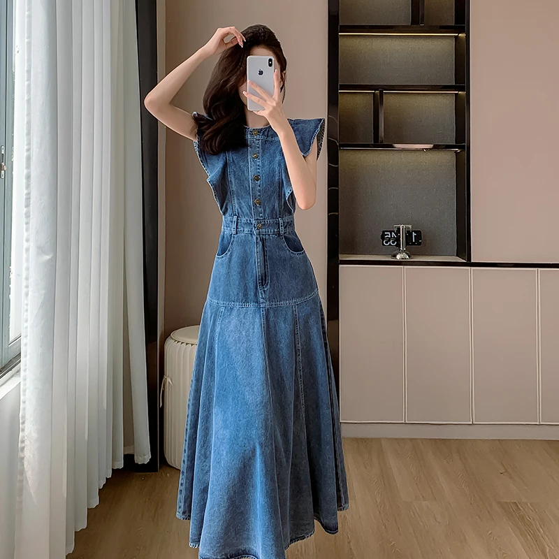 Summer Ruffles Denim Long Dress New 2024 High Quality Women