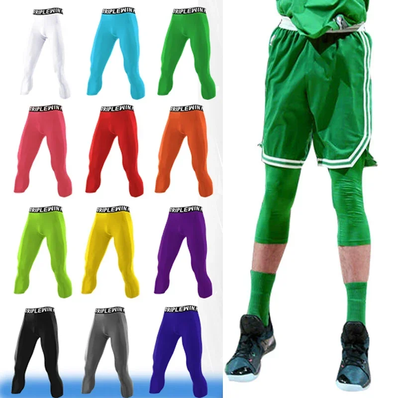 Men GYM Capri Running Tights Pants 3/4 Cropped Leggings Shorts Kids Children Basketball Football Soccer Fitness Exercise Sport