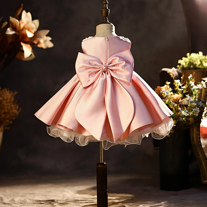 White Satin Flower Girl Dresses For Wedding Pearls Puffy With Bow Cute Party Kids Baby Pageant Birthday Ball Gowns Dress 2024 5