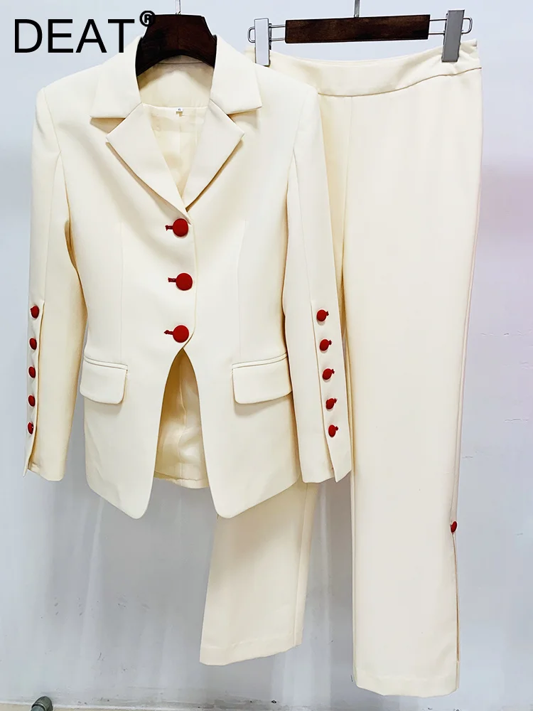 

DEAT Fashion Women's 2 Pcs Set Notched Slim Red Single Breasted Blazer High Waist Solid Color Pants Suit Spring 2023 New 17A901H