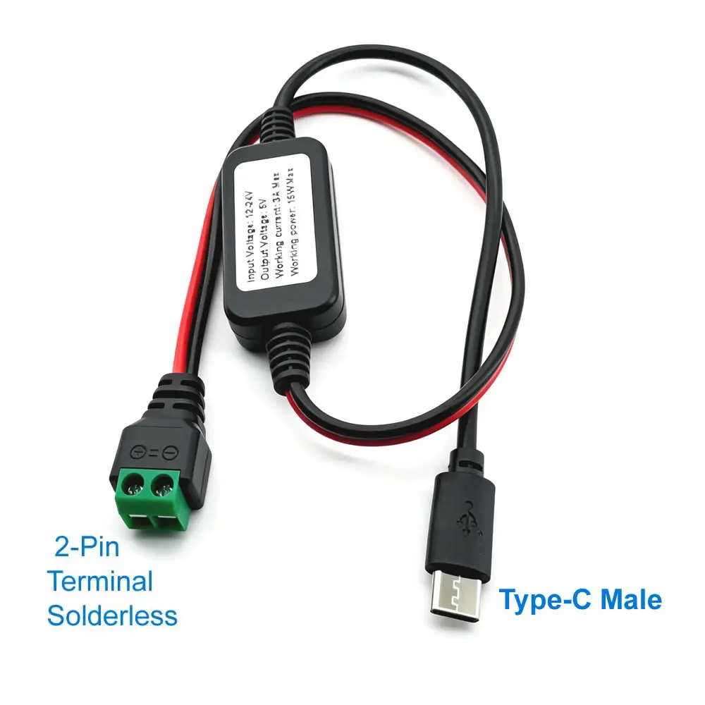 12V/24V에서 5V로 변환하는 DC-DC 벅 모듈 케이블 2핀 무납땜 터미널 USB-A/Type-C 스텝다운 충전 케이블