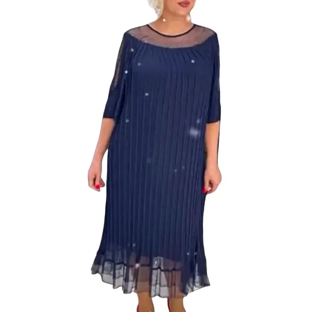 

Ruffle Hem Women Dress Elegant Mesh Patchwork Midi Dress with Ruffle Hem Women Spring Summer Striped