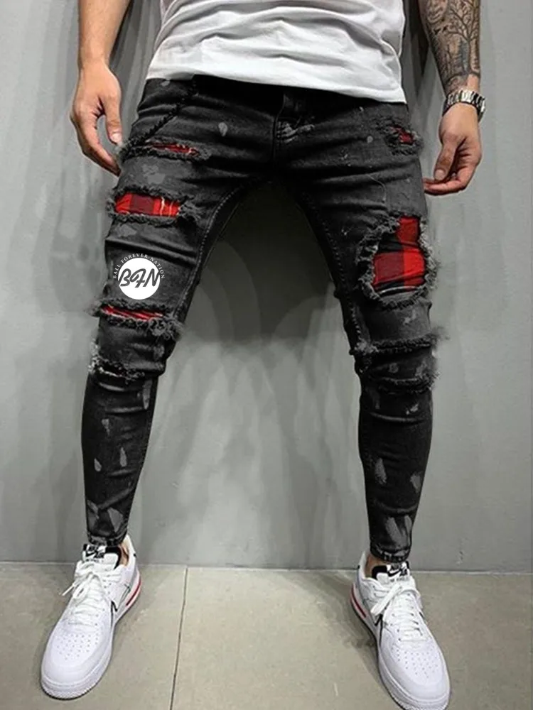 2023 Fashion Party Ripped Skinny Jeans Men Vintage Wash Solid Denim Trouser Mens Casual Slim Fit Pencil Denim Pants Hot Sale