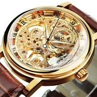 Winner Luxury Transparent Skeleton Mechanical Watches Casual Leather Strap Gold Watch for Men Luminous Hands Retro Wristwatches