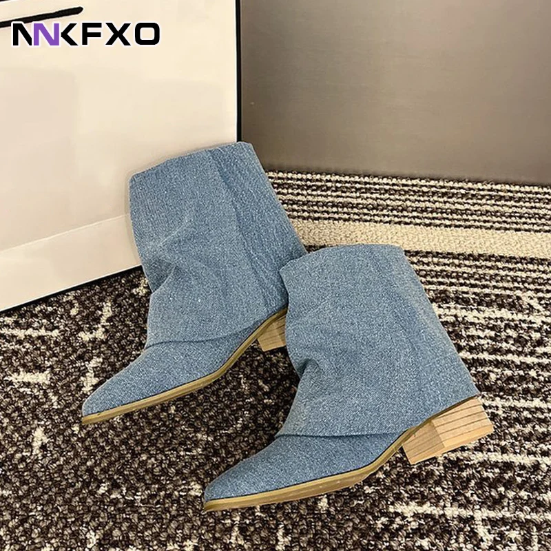 

2023 Women's Western Boots Female Autumn Winter Ankel Boots Pointed Toe Square Heels Boots Microfiber Fabric Pleated Boots QB414