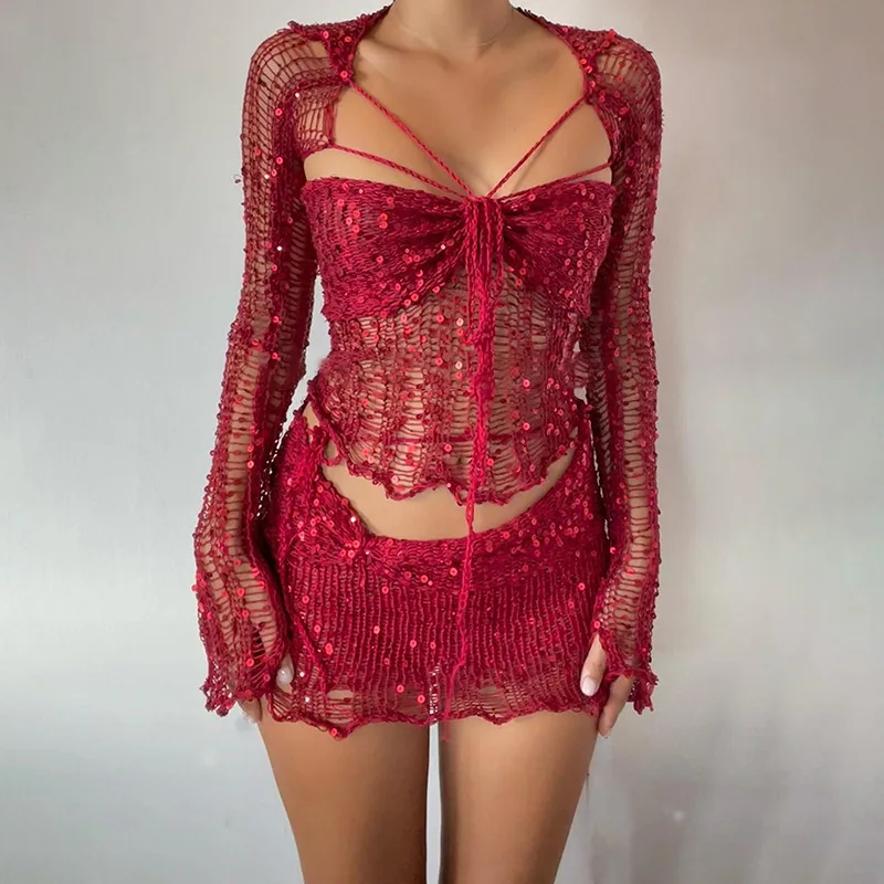

Women's Sheer Cover-Up Beaded Knit Sweater, Sexy Jumpsuit, Y2k Gothic Clothes, Cardigan Crop Tops, Summer, New, Hot, 4Pcs Set