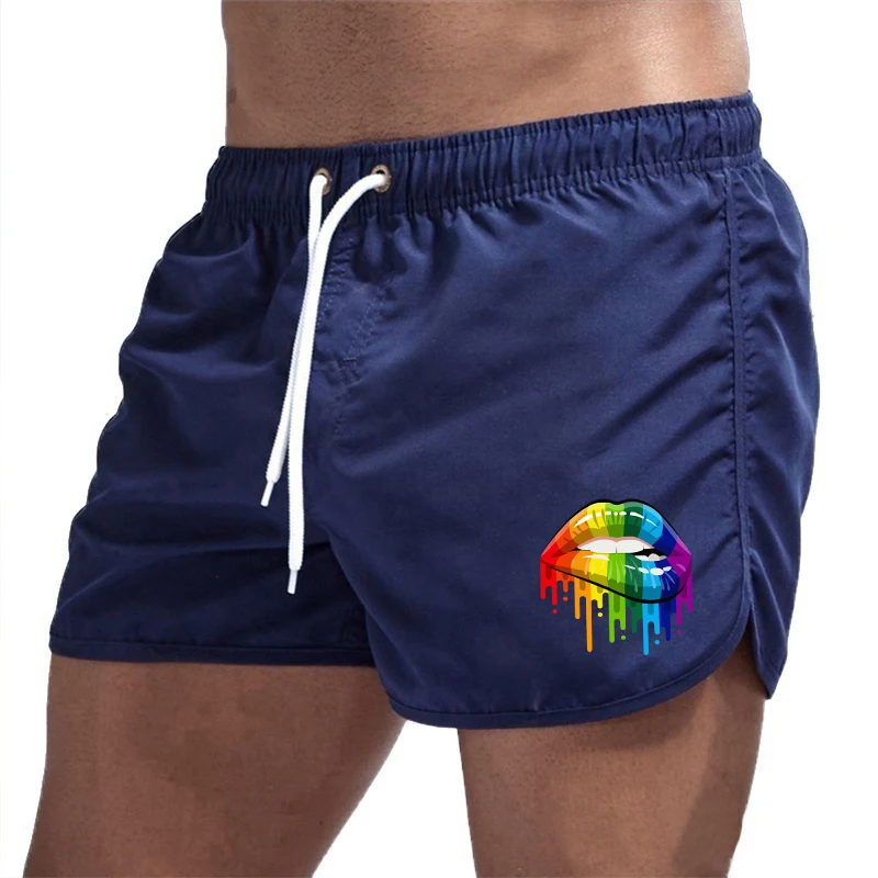 Summer Men's Shorts Lip Printing Sport Casual Fitness Breathable Training Drawstring Candy Colors Loose Male Beach Pants S-3XL 2