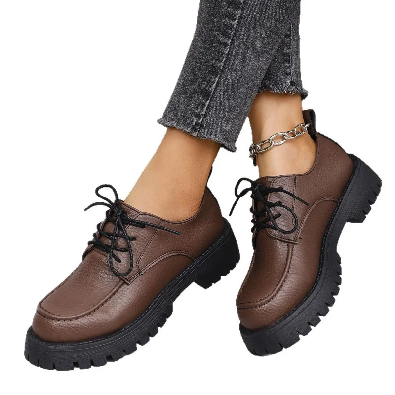 Large Size Thick-soled Loafers Women 2025 Spring New Style Chunky Heel Retro Lace-up Professional Leather Shoes