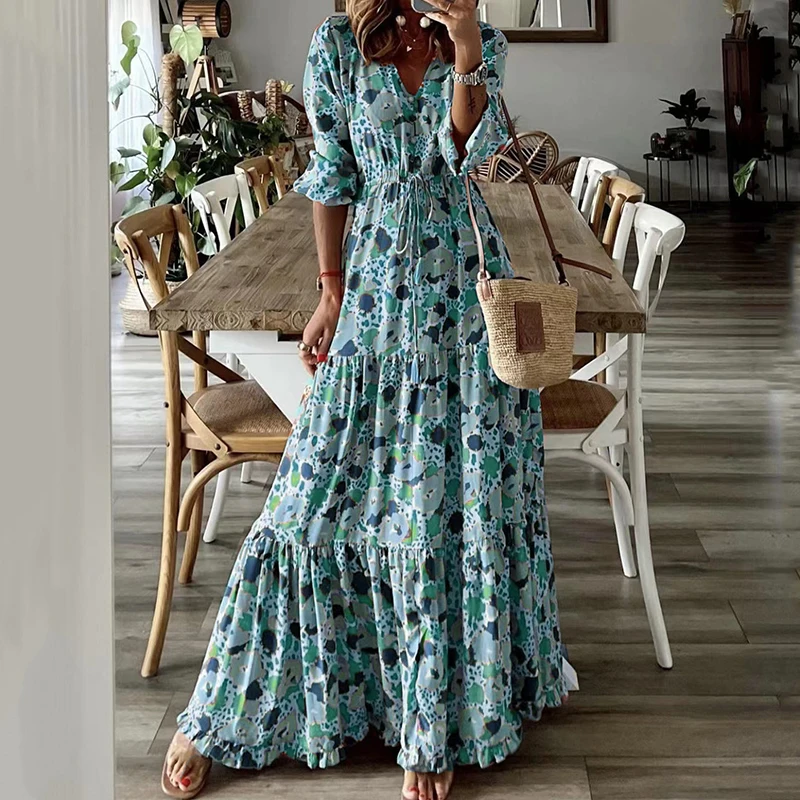 

Summer Casual V-Neck Half Sleeve Loose Big Swing Dress Female Vintage Bohemian Beach Maxi Dresses Women Floral Print Long Dress