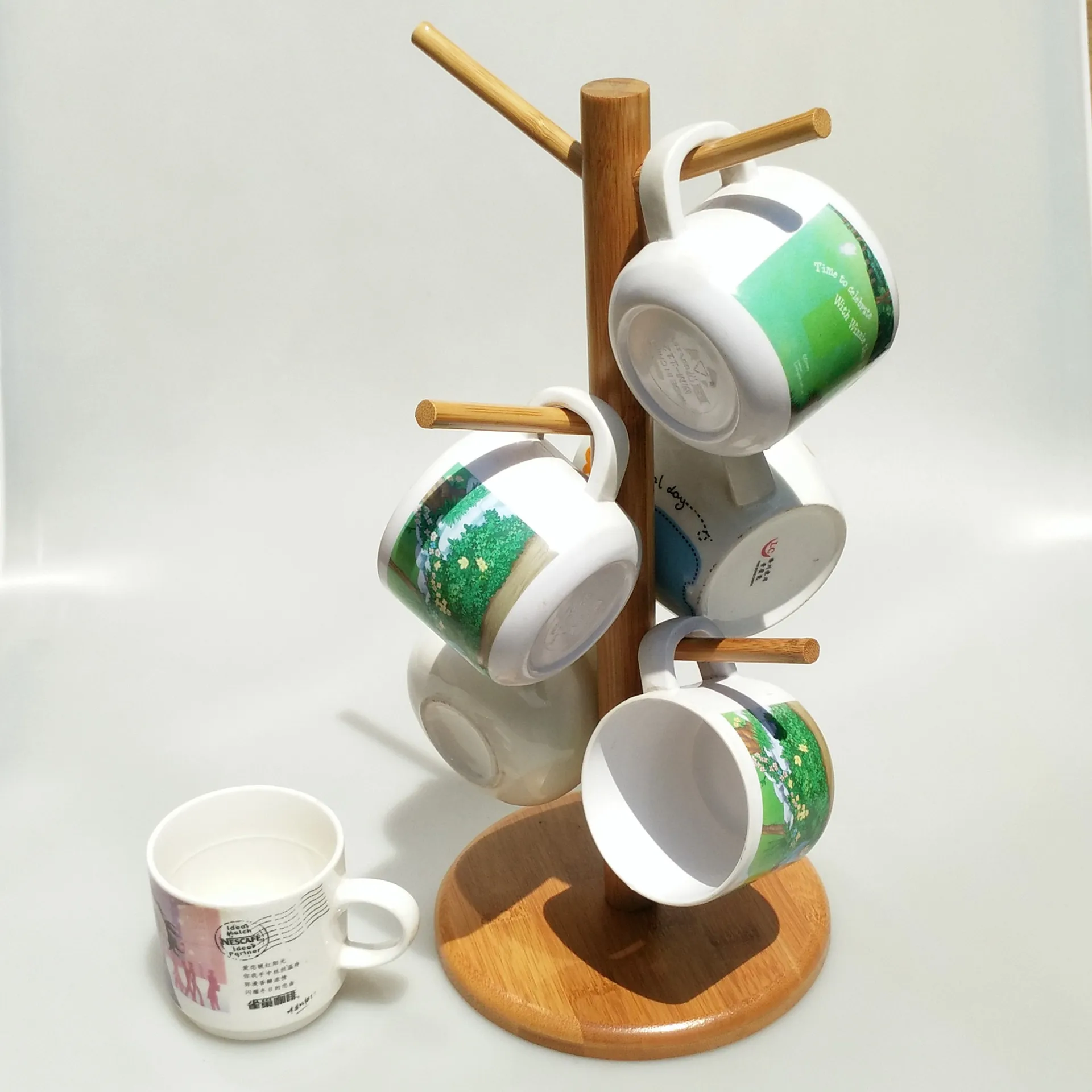 1pc Bamboo Drain Rack With 6 Claw Hanging Cup Holder Suitable For