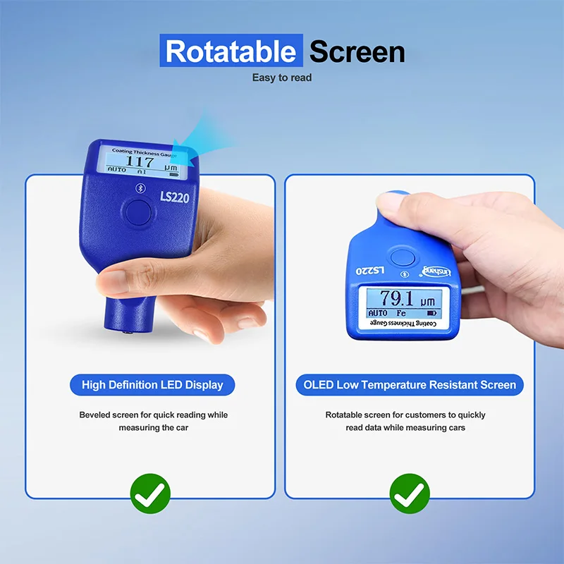 LS220 Paint Coating Thickness Tester 0-3500&mu;m 0.1&mu;m Fe NFe Probe Gauge for Auto Car Paint Film Thickness Gauge -20℃ LCD Screen