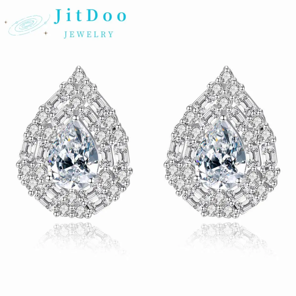 

JitDoo Charms 925 Full Silver Stud Water Drop Design White Blue Zircon Earring for Women Luxury Party Wedding Daliy Female Gift