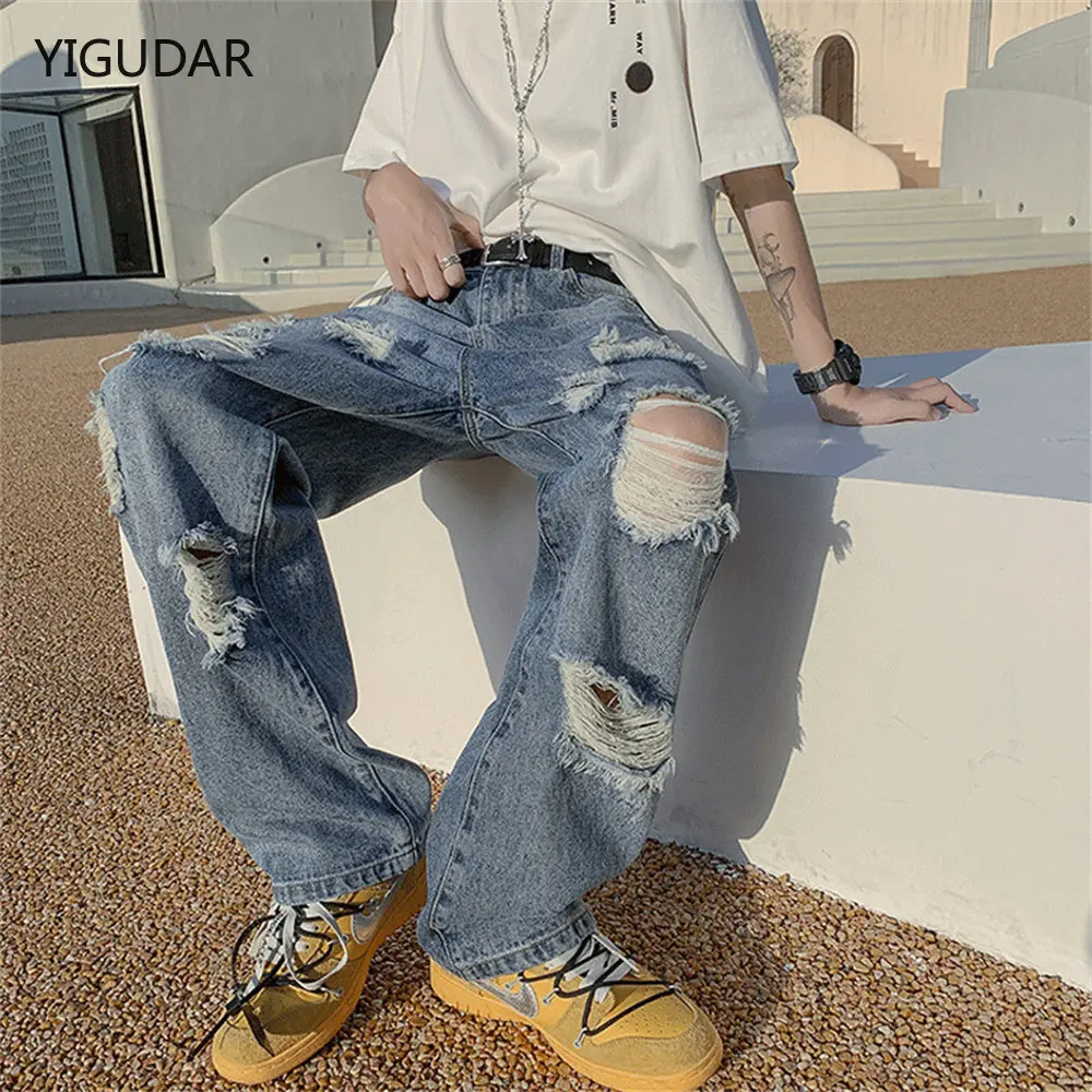 

streetwear ripped jean femme baggy denim Jeans for men Man casual wide leg pants Men's jeans Male trousers mens pantalon