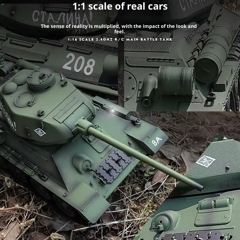 헝롱 무선 조종 T-34 탱크 1:16 스케일 2.4GHz 금속 전동 4륜 구동 오프로드 배틀 장난감 (연기 효과 포함) 성인 및 남아용