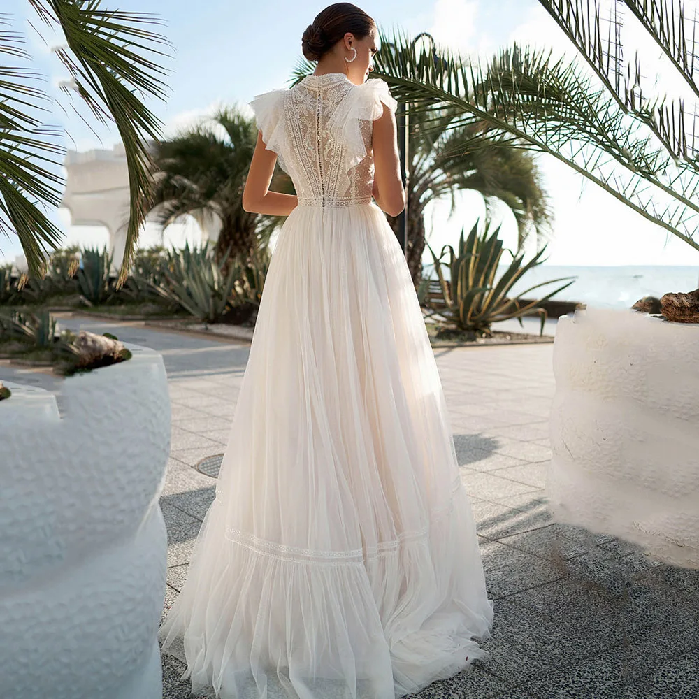 Boho Customized Sleeveless Wedding Dresses Lace Appliques A Line فساتين السهرة Sweep Train Bohemian 2023 New Vestidos De Novia 4