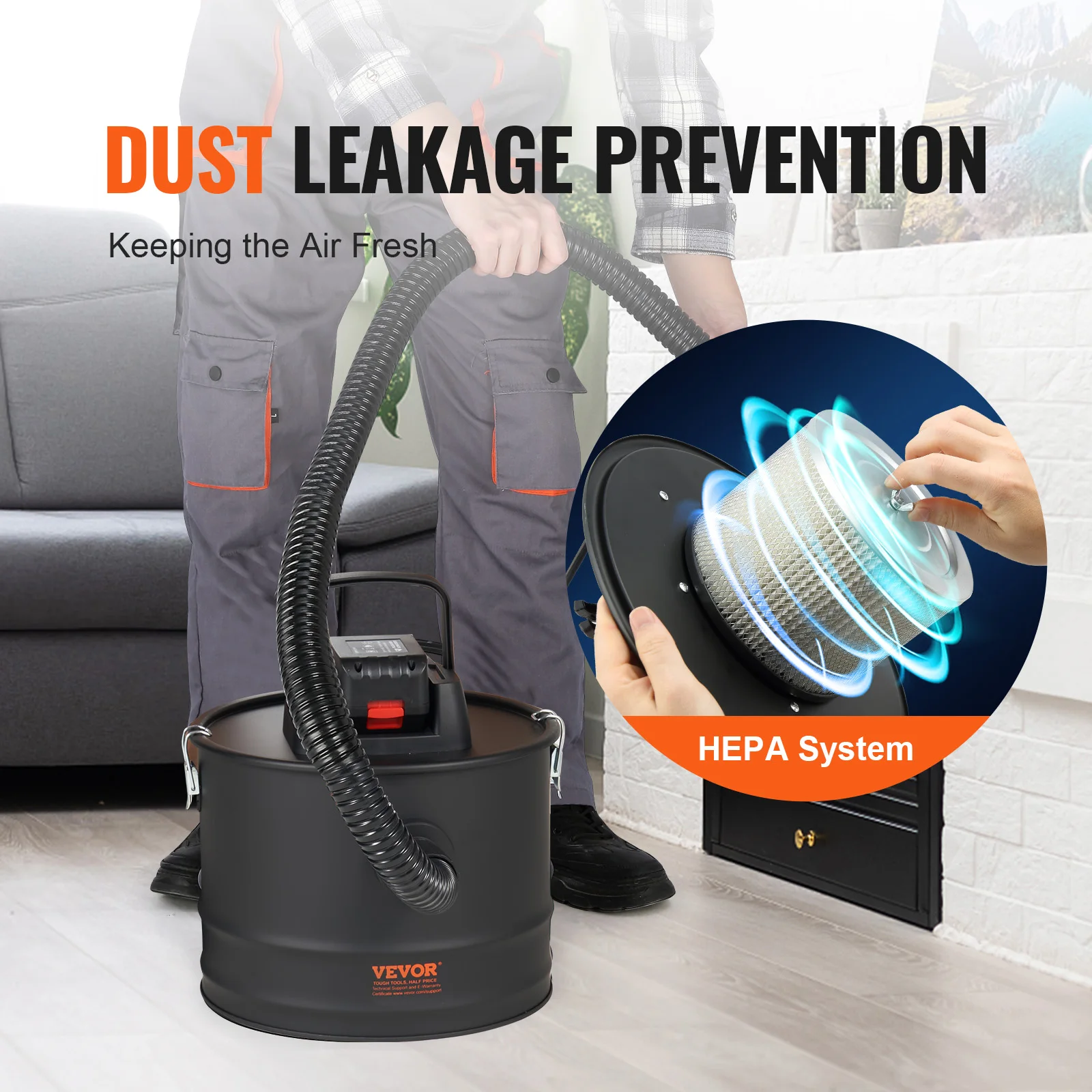 VEVOR Ash Vacuum Cleaner Powerful Suction Fireplace Vacuum with Reverse Suction Power Cable 10 Kpa Max. Vacuum for Fireplaces 4