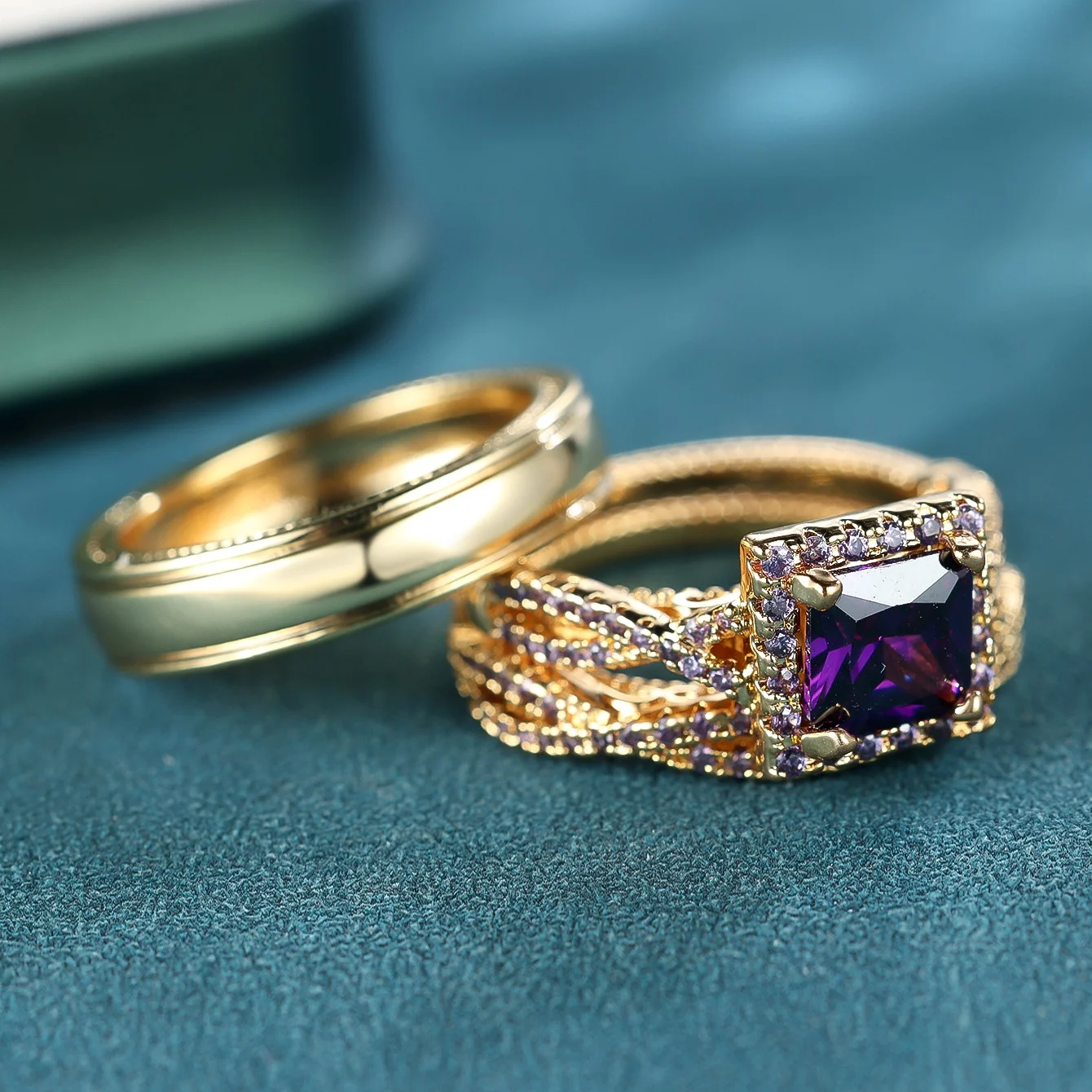 Crystal Female Purple Zircon Ring Set Fashion Vintage Gold Color Bridal Wedding Engagement Jewelry For Women