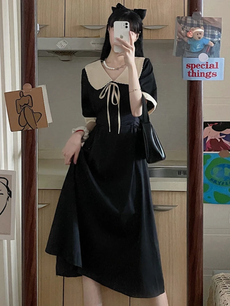 HOUZHOU Black Elegant Dress Women Vintage Long Sleeve Spring Autumn Dresses Square Collar Oversize Loose Casual Robe Streetwear plus size dresses