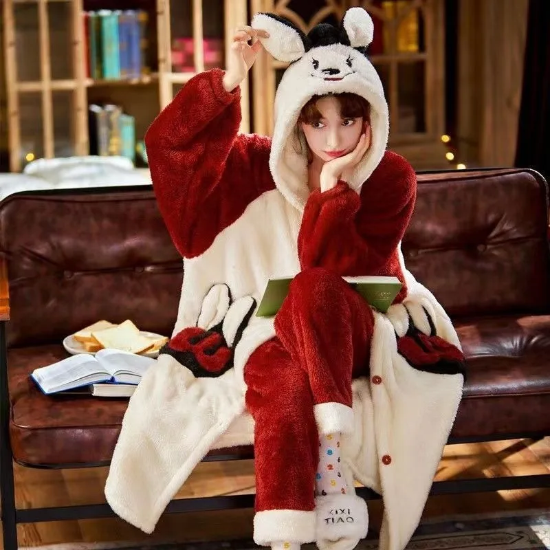 2023 New Sleepwear Women's Autumn Winter Loungewear Coral Plush Doll Neck Sleepwear Cute Long Plush Nightwear Set Warm Homewear