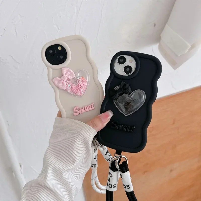 Quicksand Heart Rope Phone Case - Stylish Protective Cover with Floating Glitter Design