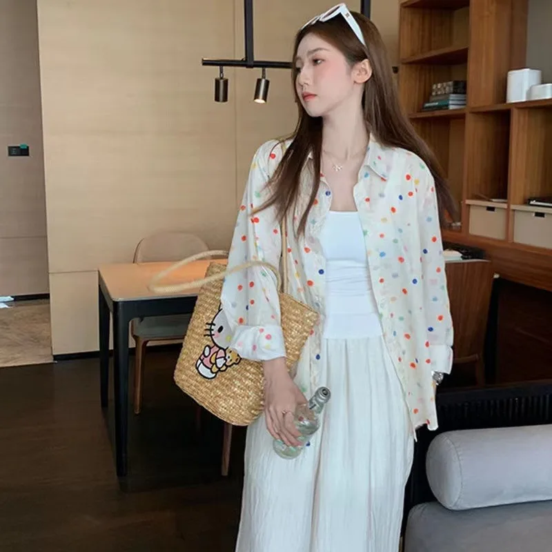 Colorful Polka Dot Blouse for Women Casual Loose Sunscreen Shirt Sweet Loose Tops Spring and Summer Clothes Fashion 1974