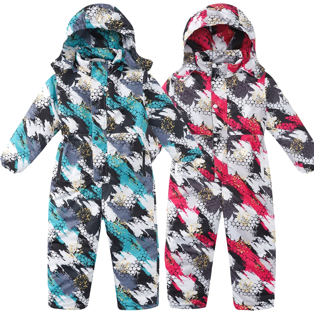 Kids Ski Suits One-piece Boys Girls Hooded Jumpsuit Winter Printed