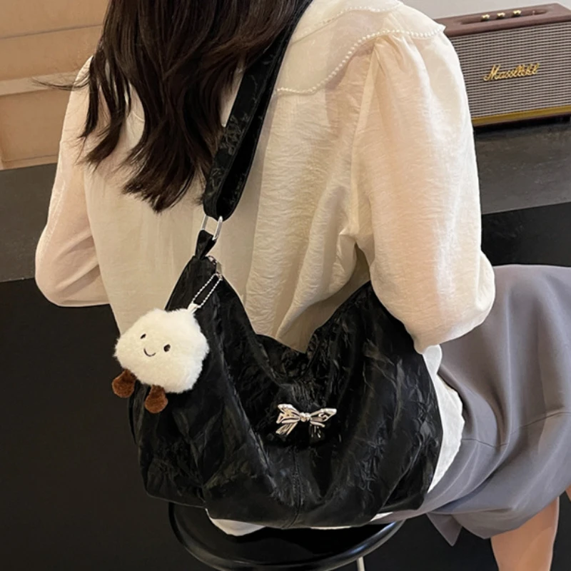 PU 질감 토트백, 한국판 접이식 디자인, 활 싱글 숄더백, 대용량 통근 소녀 크로스바디 백, 트렌디