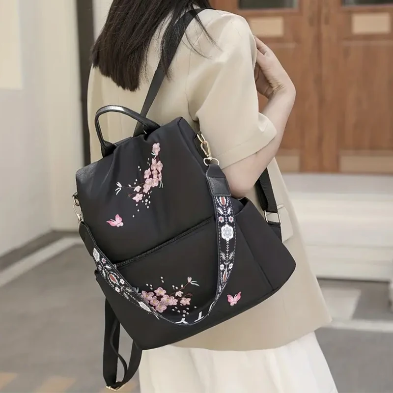 Aesthetic Cherry Blossom Embroidered Backpack for Women Anti-theft Nylon Travel Bag Convertible Shoulder Purse 6
