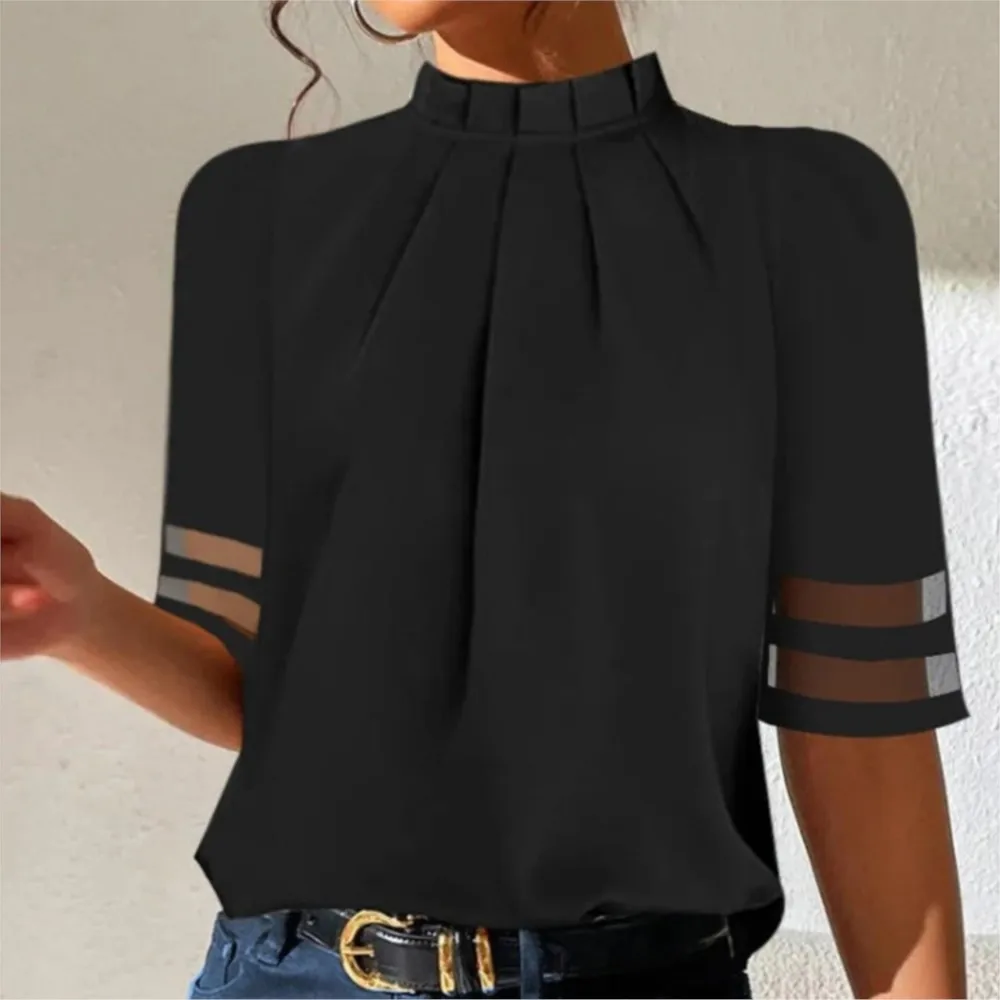 

2024 Summer New Black Solid Color Pleated Round Neck Top Women's Mesh Spliced Pullover Shirt Blusas Femeninas Tops Mujer