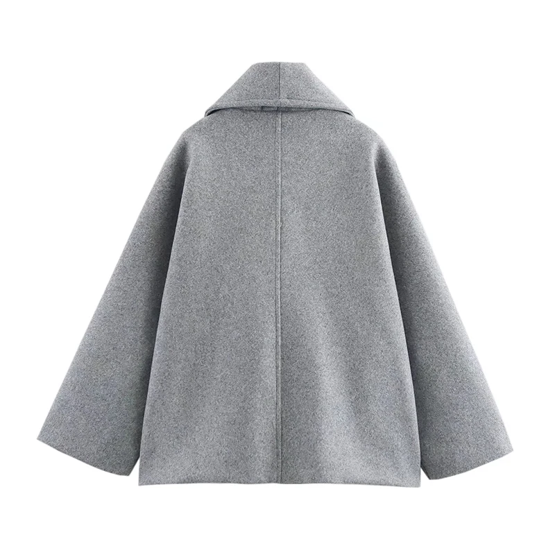 Retro Loose Woolen Blend Coat Women Lapel Double-Breasted Long Sleeve Pocket Thick Gray Jacket 2025 Autumn Spring Streetwear