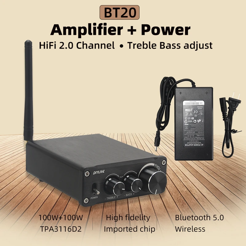 HiFi 2.0 풀 디지털 오디오 전력 증폭기 TPA3116D2 100W*2 Bluetooth 5.0 음색 고음 및 저음 조정 BT20