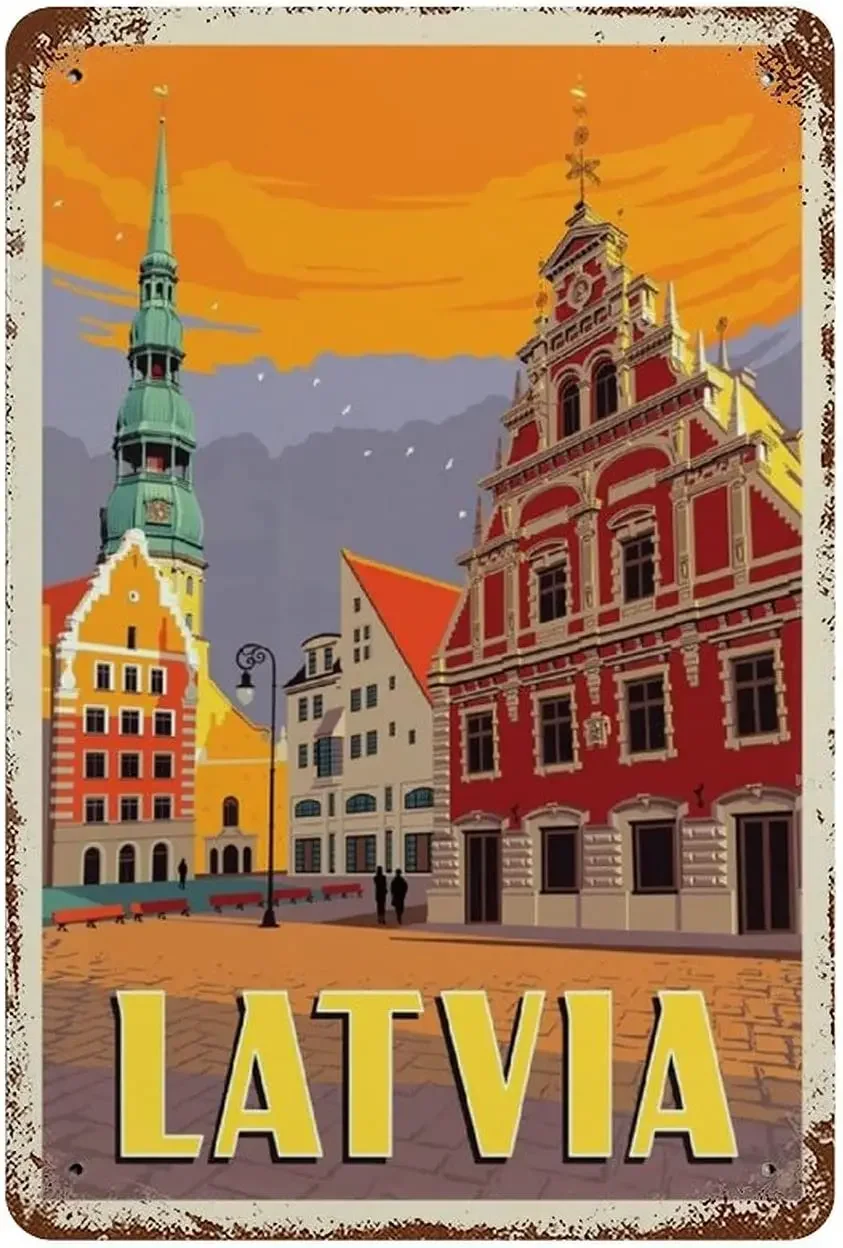 

Larkverk Latvia Travel Tour Poster Retro Tin Sign Funny Metal Sign Wall Decor Home Plaque Bar Cafe Decor posters 12 X 8 In