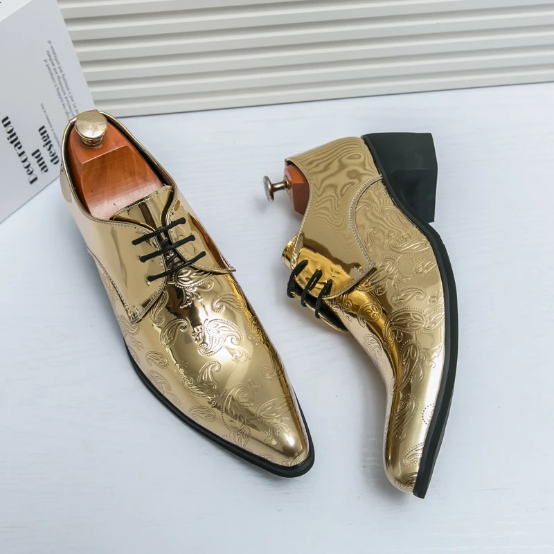 

Деловые классические туфли для мужчин, большие размеры 45 46, деловые мужские классические вечерние оксфорды золотого и синего цвета, модные блестящие туфли-оксфорды с острым носком