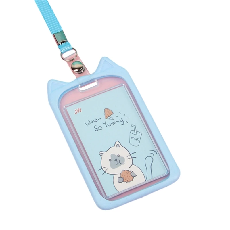 Cartoon Silicone Card Cover Cat Ear Badge Holder Vertical with Lanyard Neck Strap for Cat Lovers
