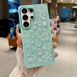 Luxury 3D Pearl Star Glitter Phone Case - Korean Girl Style Shockproof Protective Back Cover for Galaxy S26 Ultra (Light Blue)
