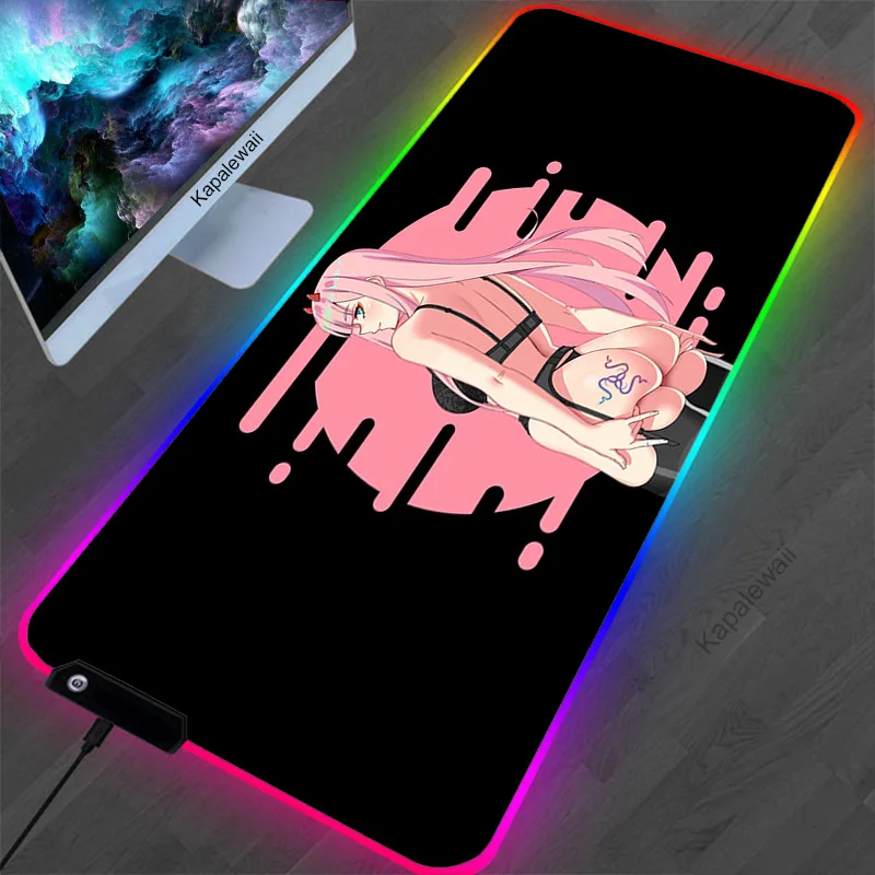 

Zero Two RGB Gaming Mousepad Darling In The Franxx Notebook Keyboard Mouse Pad Gamer XXL LED Desk Mat Laptop Office Accessories