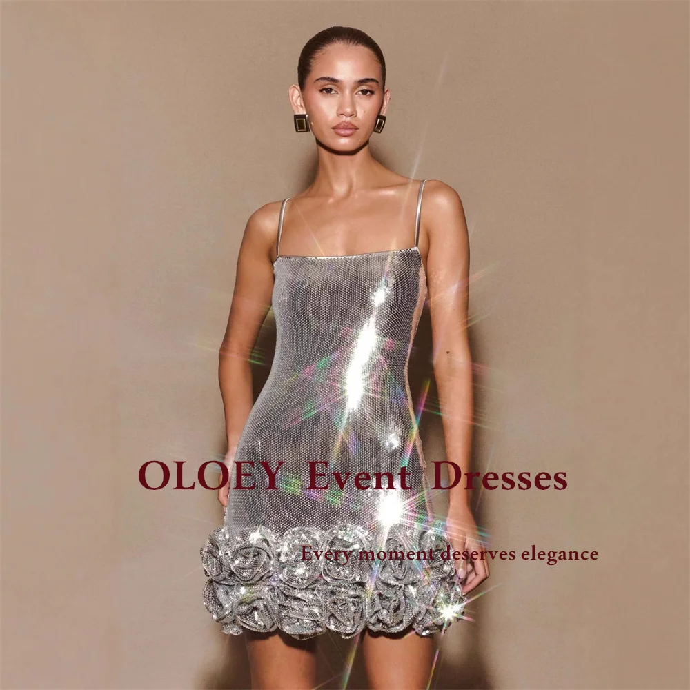 OLOEY Glitter Sequins Silver Short Prom Cocktail Dress Pleats Rose Mini Wedding Party Gown Women Zip Back