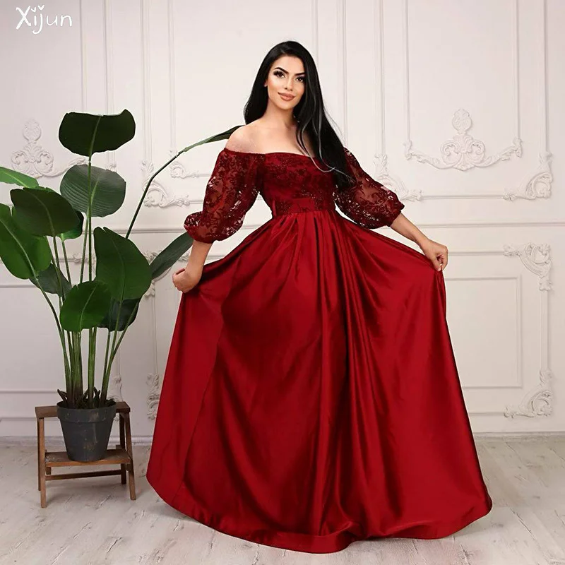 

Xijun Red Lace A Line Prom Dresses For Women Luxury Corset Long Evening Gowns Puff Sleeves Strapless Party Dress Robes De Soirée
