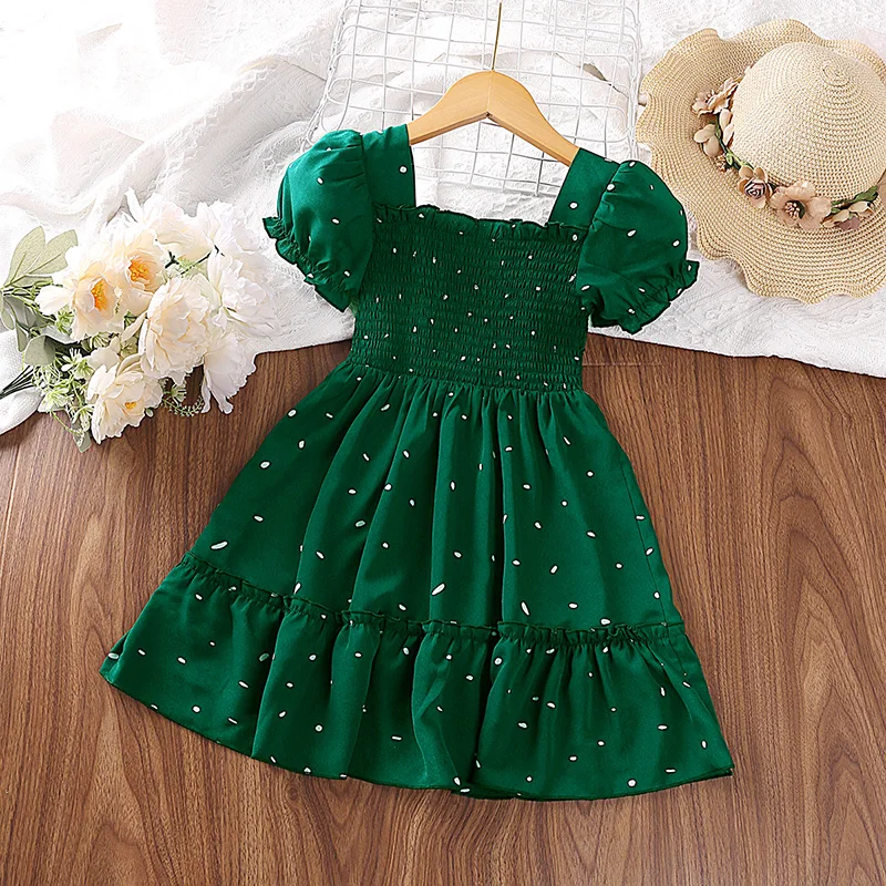 Dress Kids Girls Dark Green Cute Princess Dress 2-6 Years Short Sleeve Dress  Square Collar Puff Sleeve Layered Dress - AliExpress 1501