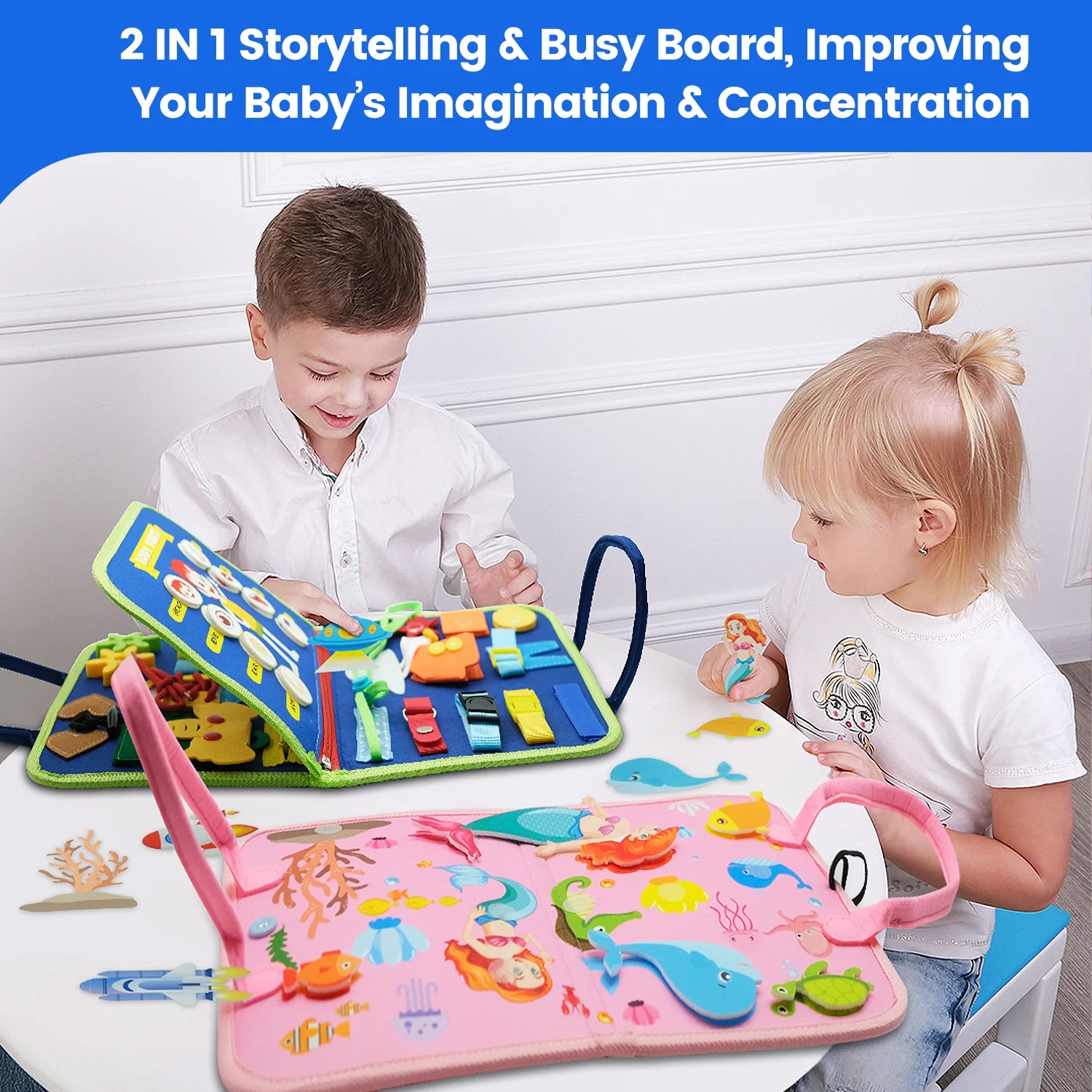 Toddler Busy Board for 1 Year Old, Montessori Toy Busy Book for Toddlers  1-3 with Fishing Game Motor Skills, Educational Learning Toy Car Airplane