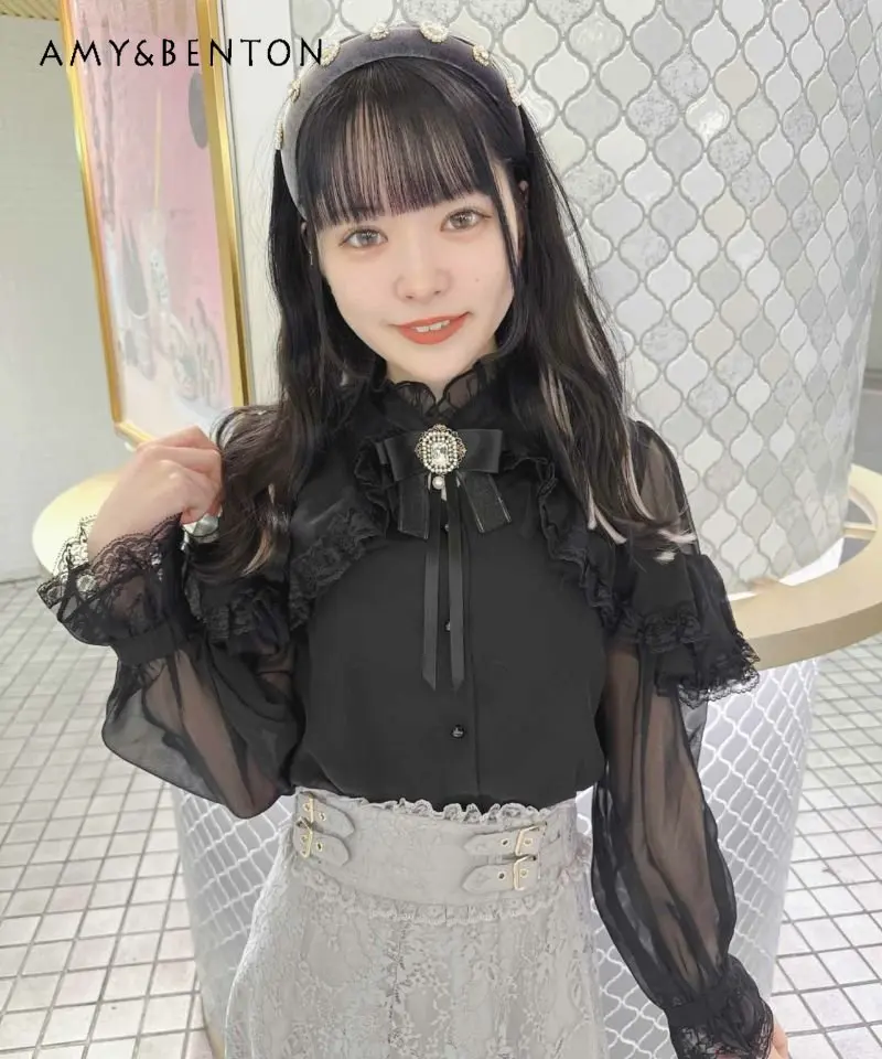 

Rojita Mine Mass-Produced Lace Shirt Women Summer Japanese Lolita Cloak Brooch Bow Sweet Cute All-Match Black Long Sleeve Blouse