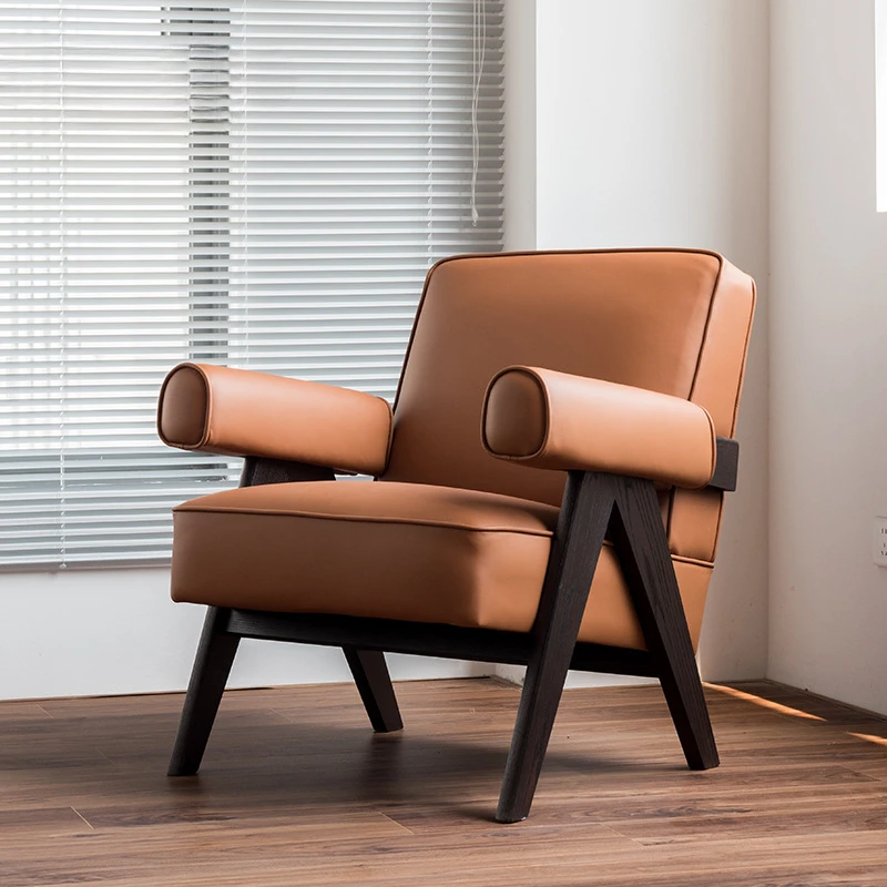 

Medieval solid wood single person sofa chair Chandigarji wind furniture leisure leather armchair