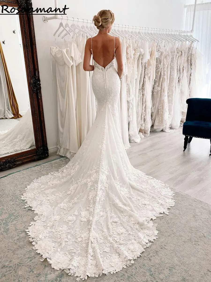 

Deep V-Neck Backless Appliques Lace Mermaid Wedding Dresses Spaghetti Straps Sleeveless Bridal Gowns Robe De Mariée